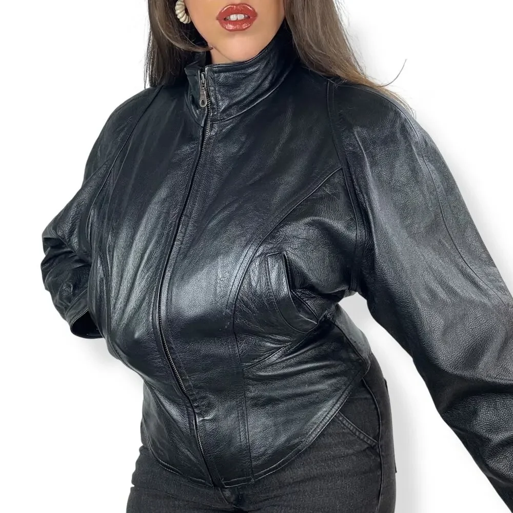 Vintage WILSONS LEATHER black batwing cropped corset motorcycle leather jacket - Picture 1 of 16